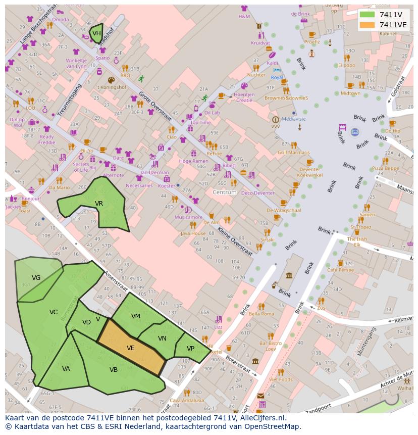 Afbeelding van het postcodegebied 7411 VE op de kaart.