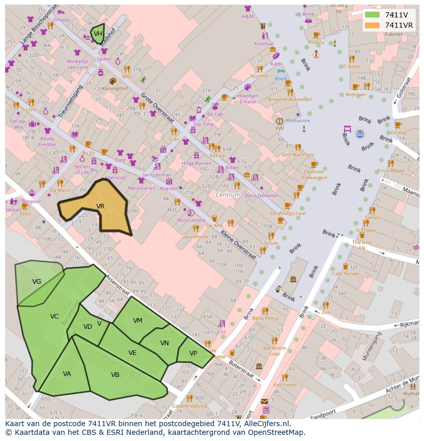 Afbeelding van het postcodegebied 7411 VR op de kaart.