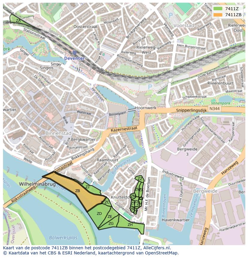 Afbeelding van het postcodegebied 7411 ZB op de kaart.