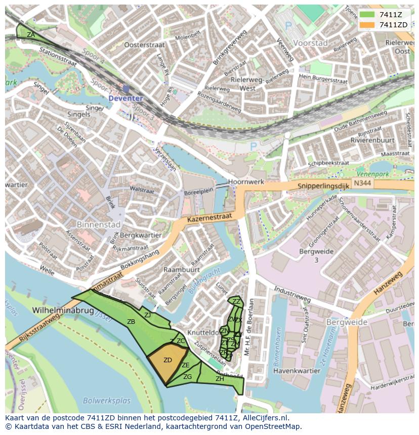 Afbeelding van het postcodegebied 7411 ZD op de kaart.