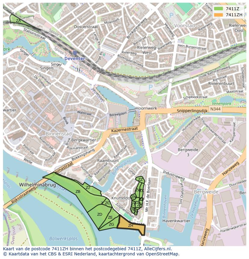 Afbeelding van het postcodegebied 7411 ZH op de kaart.