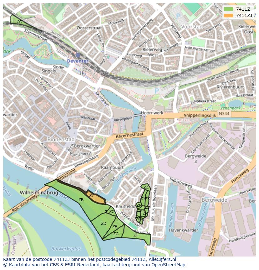 Afbeelding van het postcodegebied 7411 ZJ op de kaart.