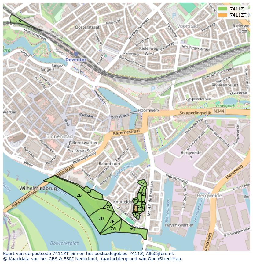 Afbeelding van het postcodegebied 7411 ZT op de kaart.