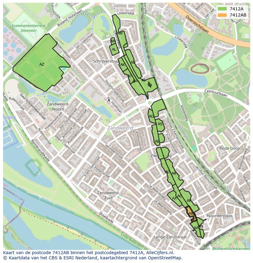 Afbeelding van het postcodegebied 7412 AB op de kaart.
