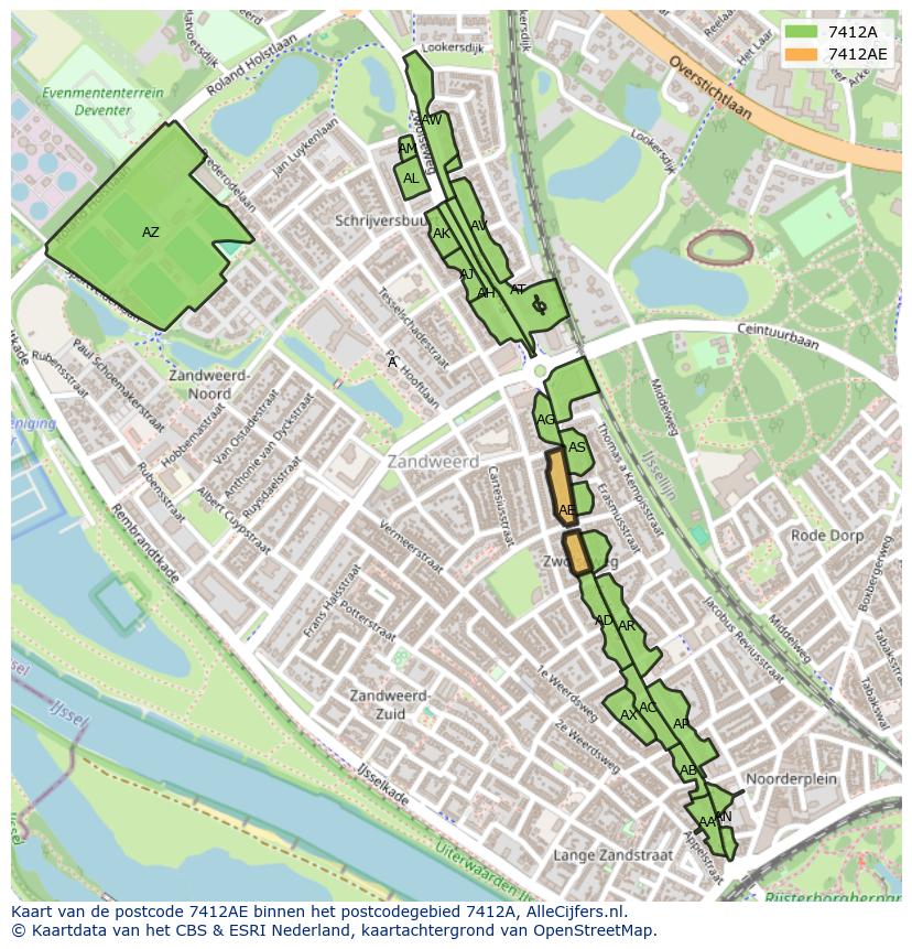 Afbeelding van het postcodegebied 7412 AE op de kaart.