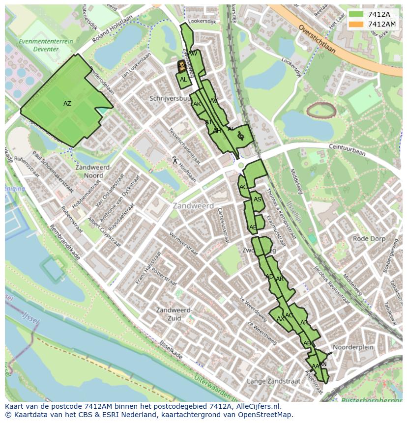 Afbeelding van het postcodegebied 7412 AM op de kaart.