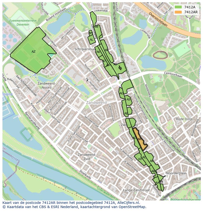 Afbeelding van het postcodegebied 7412 AR op de kaart.