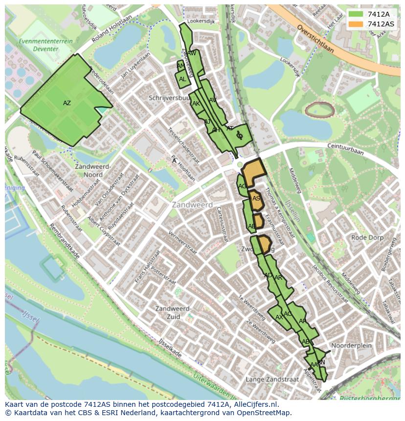 Afbeelding van het postcodegebied 7412 AS op de kaart.