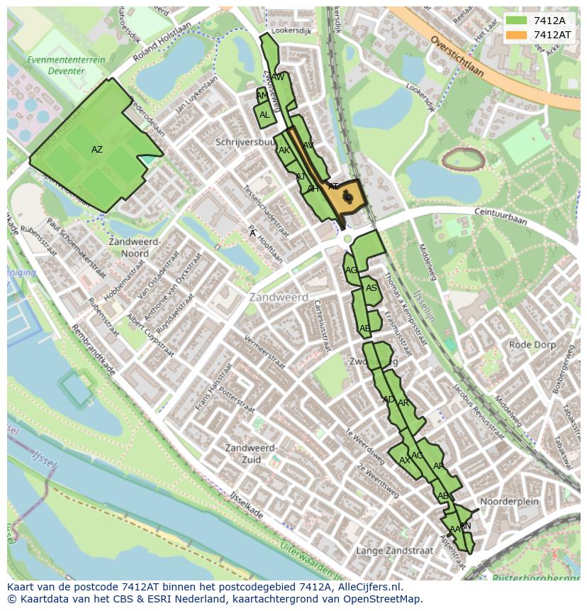 Afbeelding van het postcodegebied 7412 AT op de kaart.