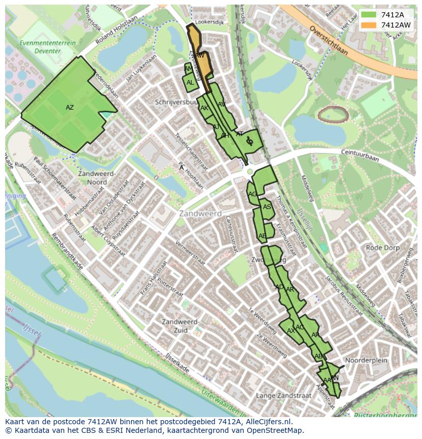 Afbeelding van het postcodegebied 7412 AW op de kaart.