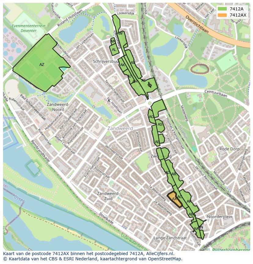 Afbeelding van het postcodegebied 7412 AX op de kaart.
