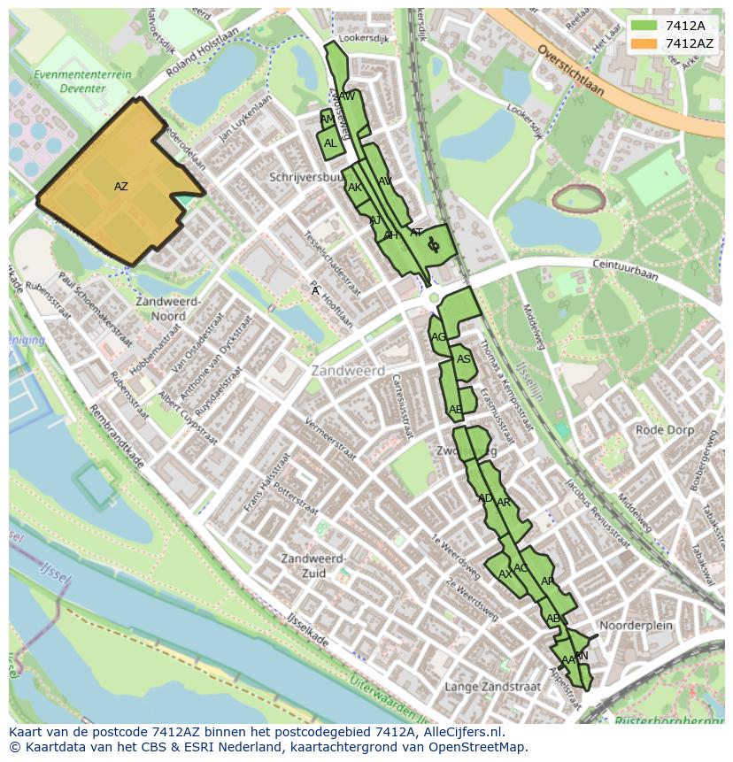 Afbeelding van het postcodegebied 7412 AZ op de kaart.