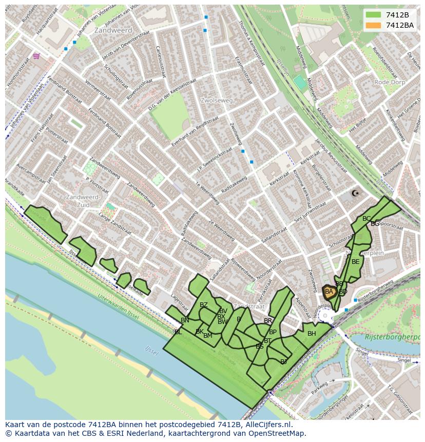 Afbeelding van het postcodegebied 7412 BA op de kaart.