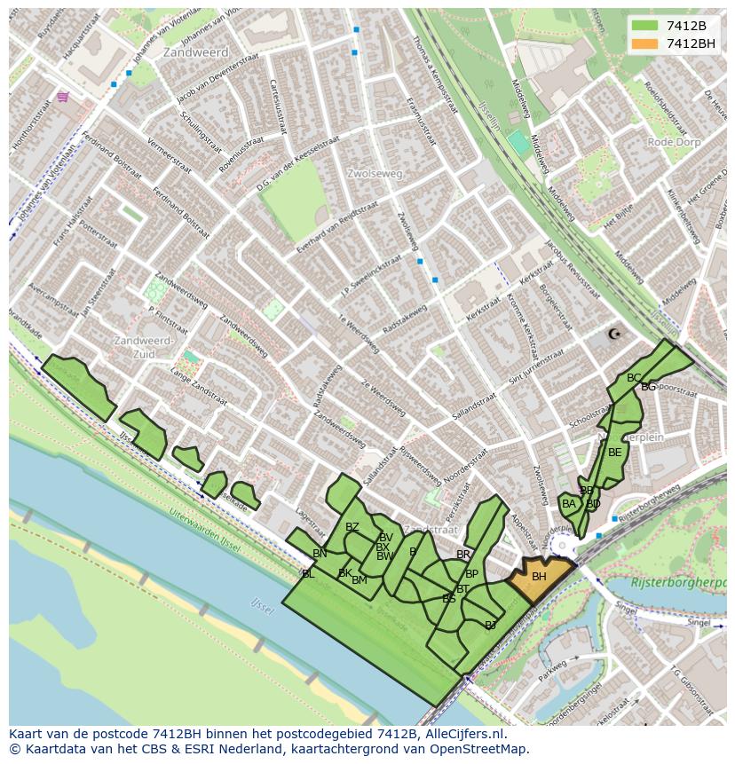 Afbeelding van het postcodegebied 7412 BH op de kaart.