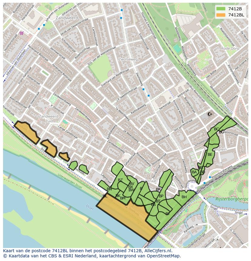 Afbeelding van het postcodegebied 7412 BL op de kaart.