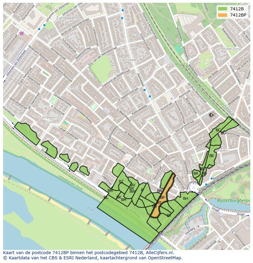 Afbeelding van het postcodegebied 7412 BP op de kaart.