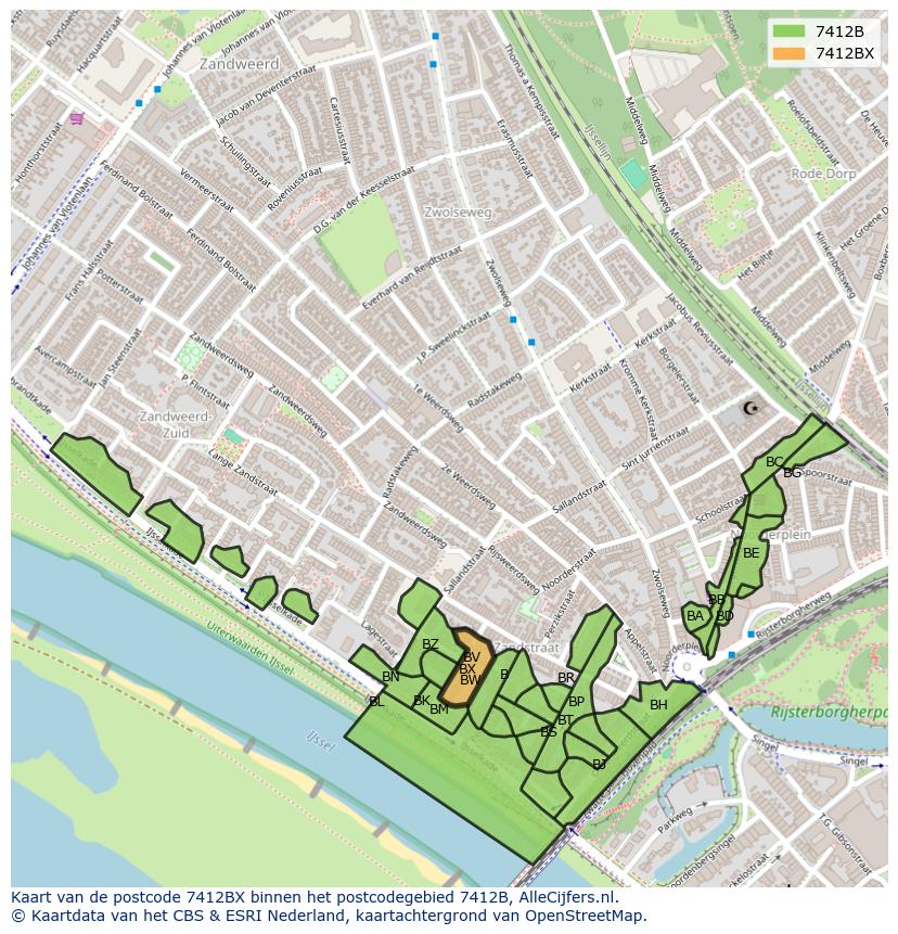 Afbeelding van het postcodegebied 7412 BX op de kaart.