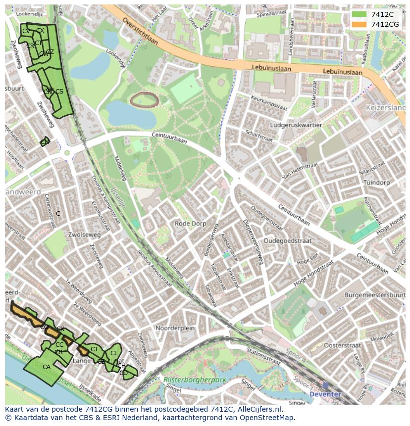 Afbeelding van het postcodegebied 7412 CG op de kaart.