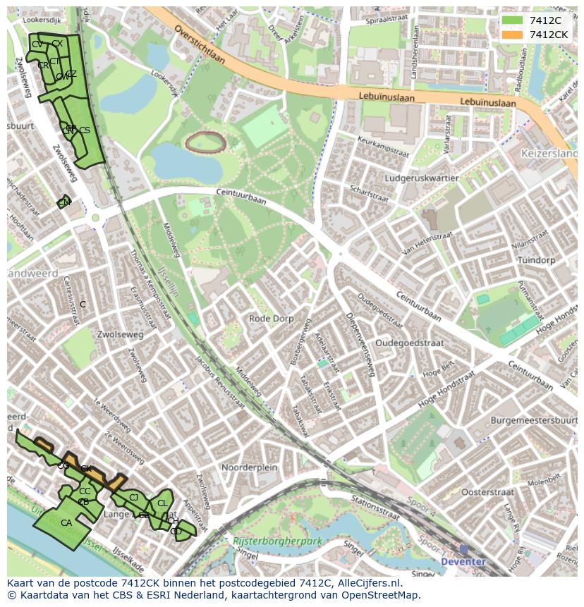Afbeelding van het postcodegebied 7412 CK op de kaart.