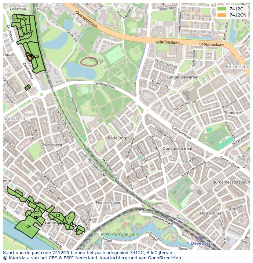 Afbeelding van het postcodegebied 7412 CN op de kaart.