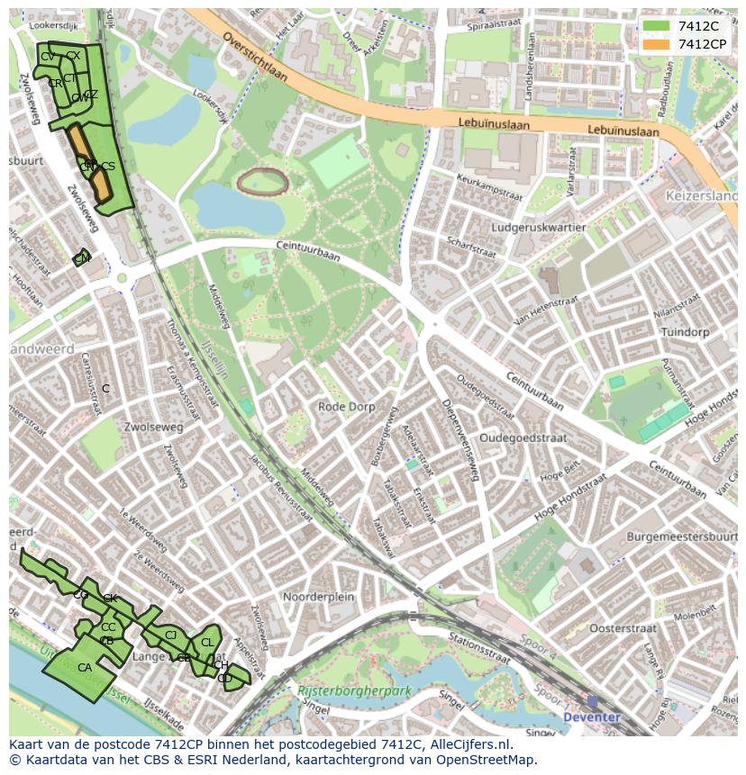 Afbeelding van het postcodegebied 7412 CP op de kaart.