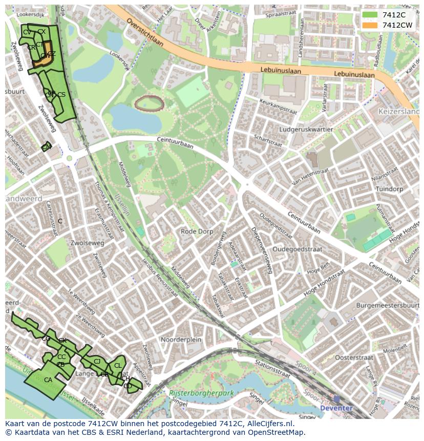 Afbeelding van het postcodegebied 7412 CW op de kaart.