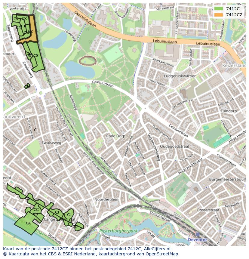 Afbeelding van het postcodegebied 7412 CZ op de kaart.