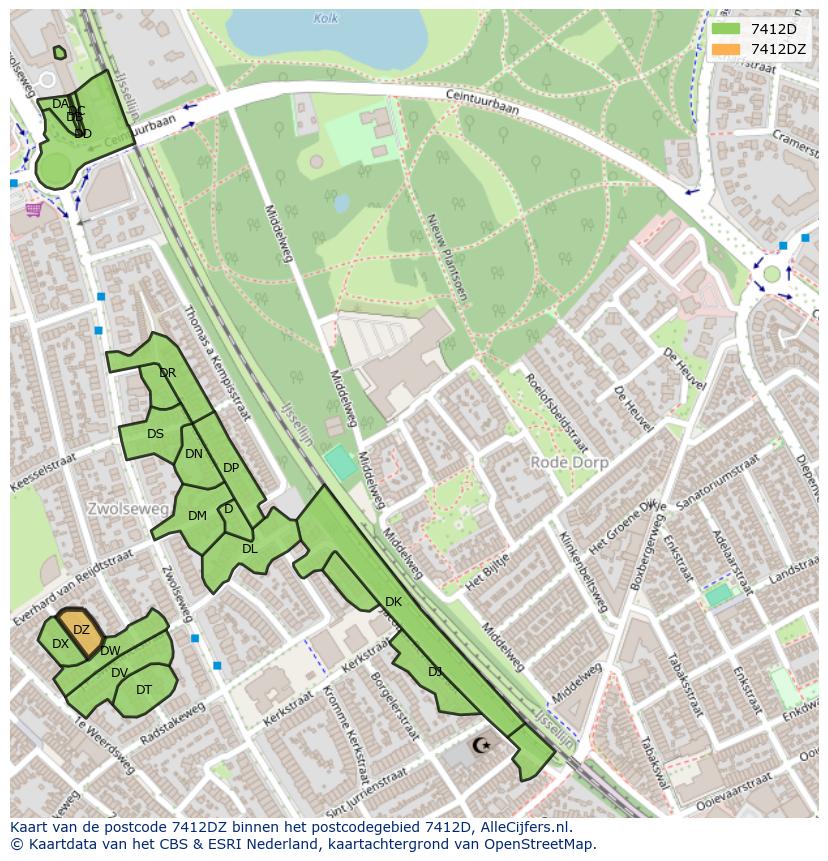 Afbeelding van het postcodegebied 7412 DZ op de kaart.