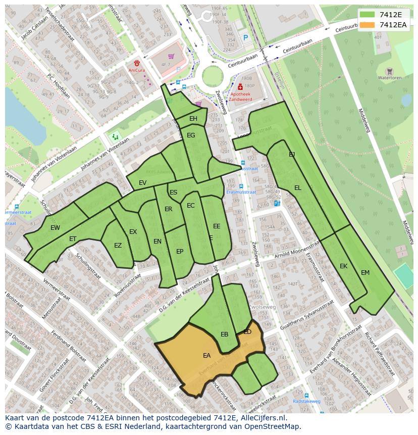 Afbeelding van het postcodegebied 7412 EA op de kaart.