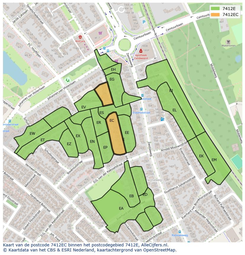 Afbeelding van het postcodegebied 7412 EC op de kaart.