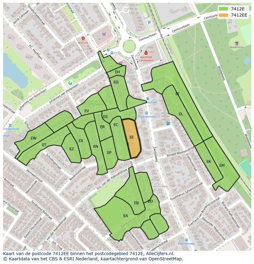 Afbeelding van het postcodegebied 7412 EE op de kaart.