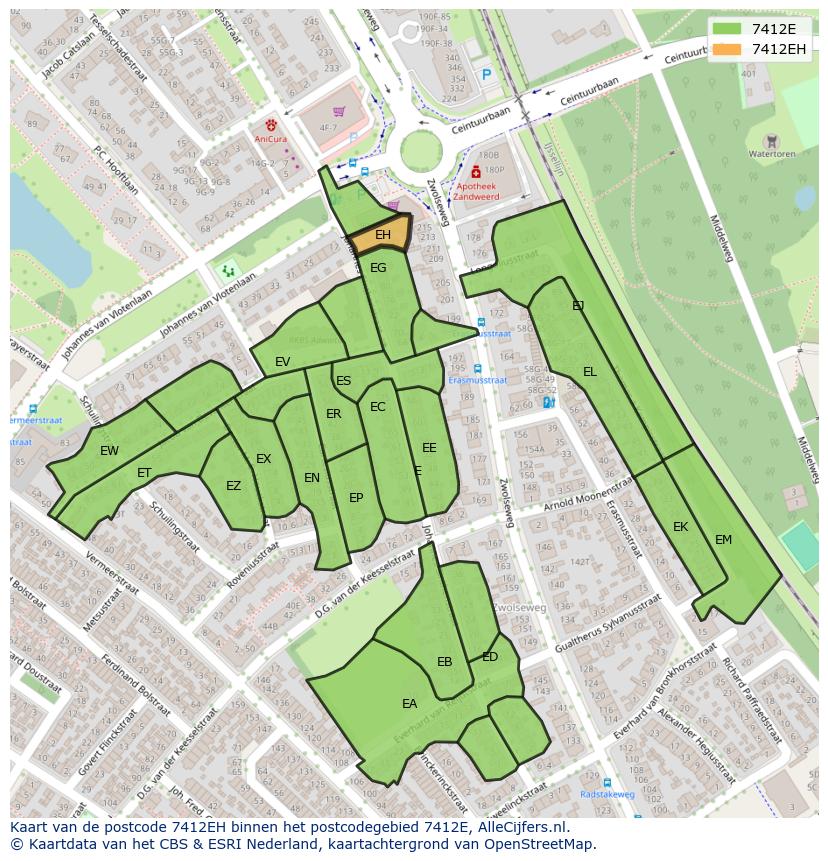 Afbeelding van het postcodegebied 7412 EH op de kaart.