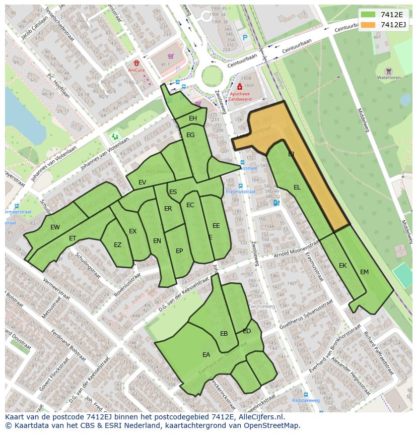 Afbeelding van het postcodegebied 7412 EJ op de kaart.