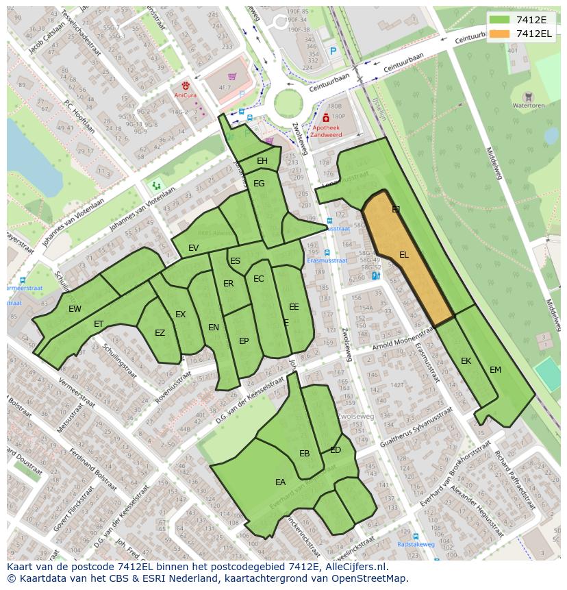 Afbeelding van het postcodegebied 7412 EL op de kaart.
