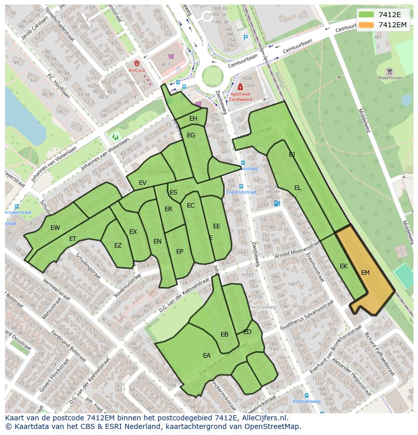 Afbeelding van het postcodegebied 7412 EM op de kaart.