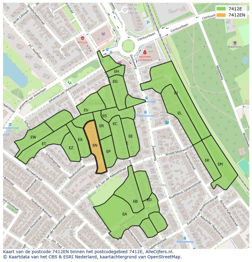 Afbeelding van het postcodegebied 7412 EN op de kaart.