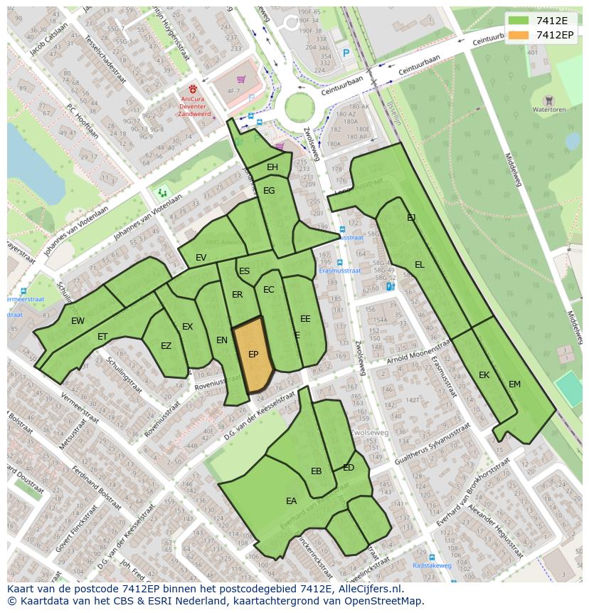 Afbeelding van het postcodegebied 7412 EP op de kaart.