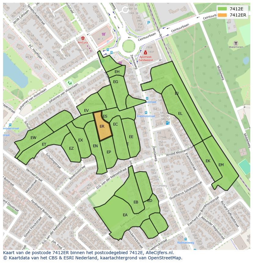 Afbeelding van het postcodegebied 7412 ER op de kaart.