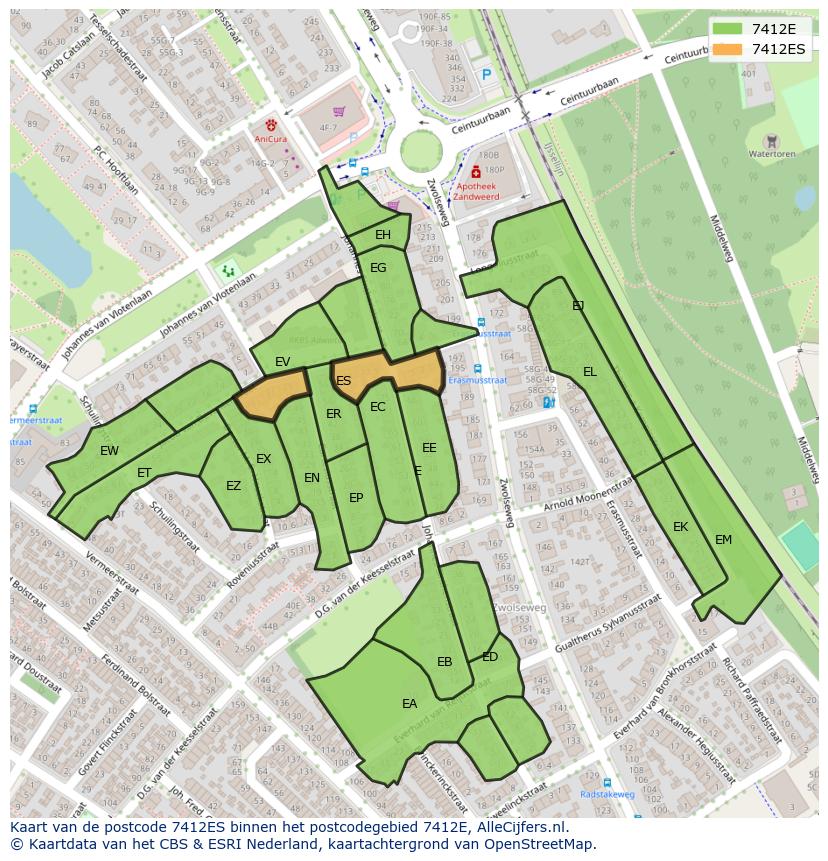 Afbeelding van het postcodegebied 7412 ES op de kaart.