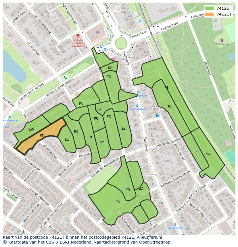 Afbeelding van het postcodegebied 7412 ET op de kaart.