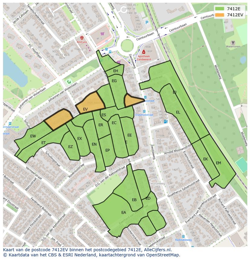 Afbeelding van het postcodegebied 7412 EV op de kaart.