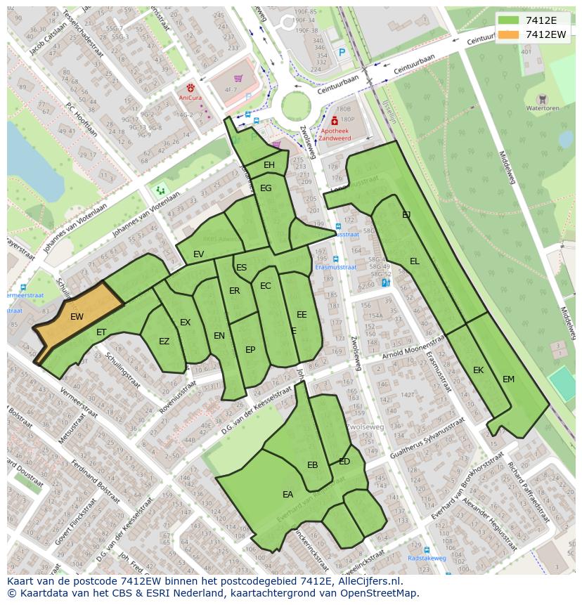 Afbeelding van het postcodegebied 7412 EW op de kaart.