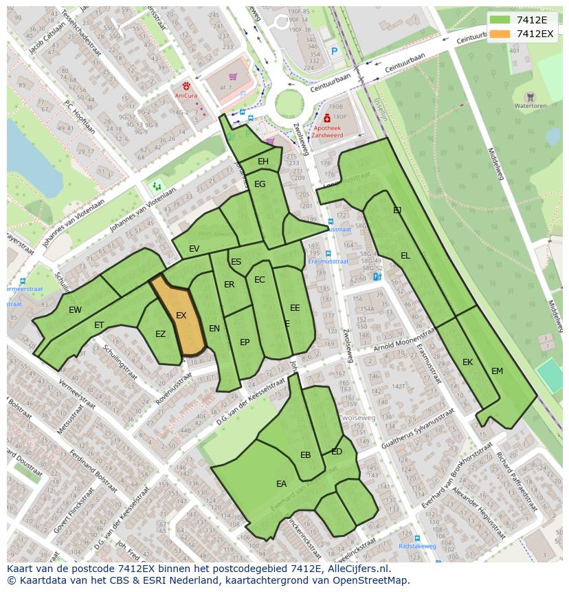 Afbeelding van het postcodegebied 7412 EX op de kaart.