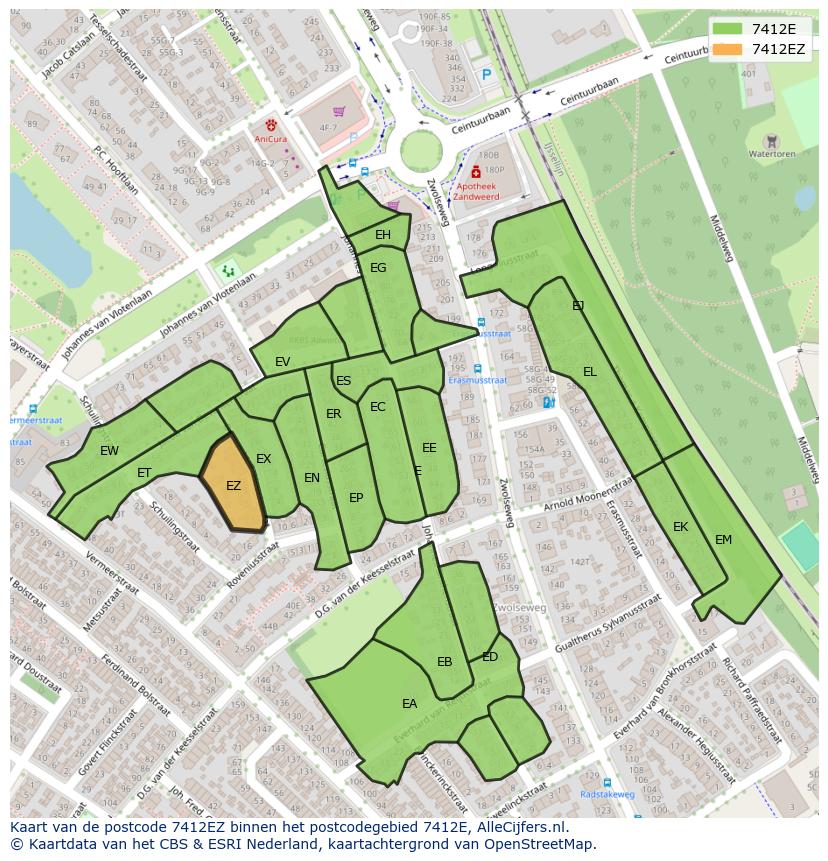 Afbeelding van het postcodegebied 7412 EZ op de kaart.