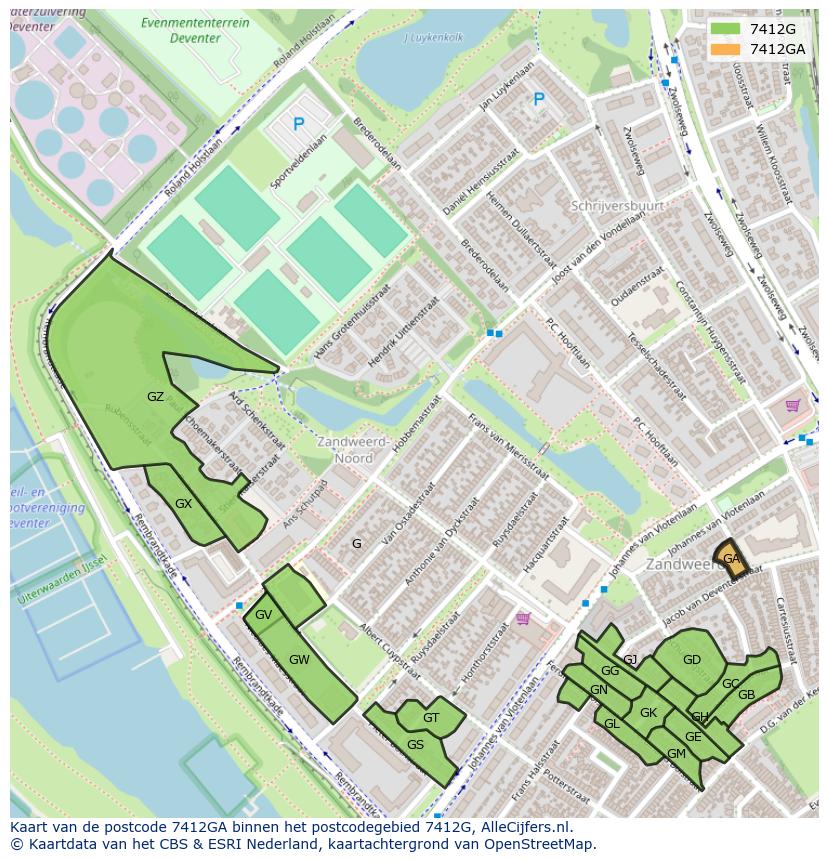 Afbeelding van het postcodegebied 7412 GA op de kaart.