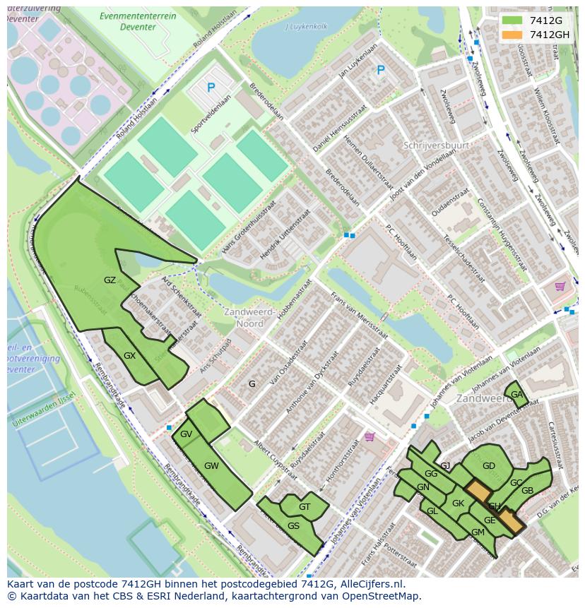 Afbeelding van het postcodegebied 7412 GH op de kaart.