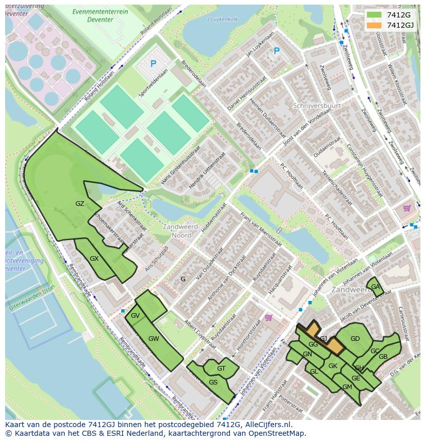 Afbeelding van het postcodegebied 7412 GJ op de kaart.