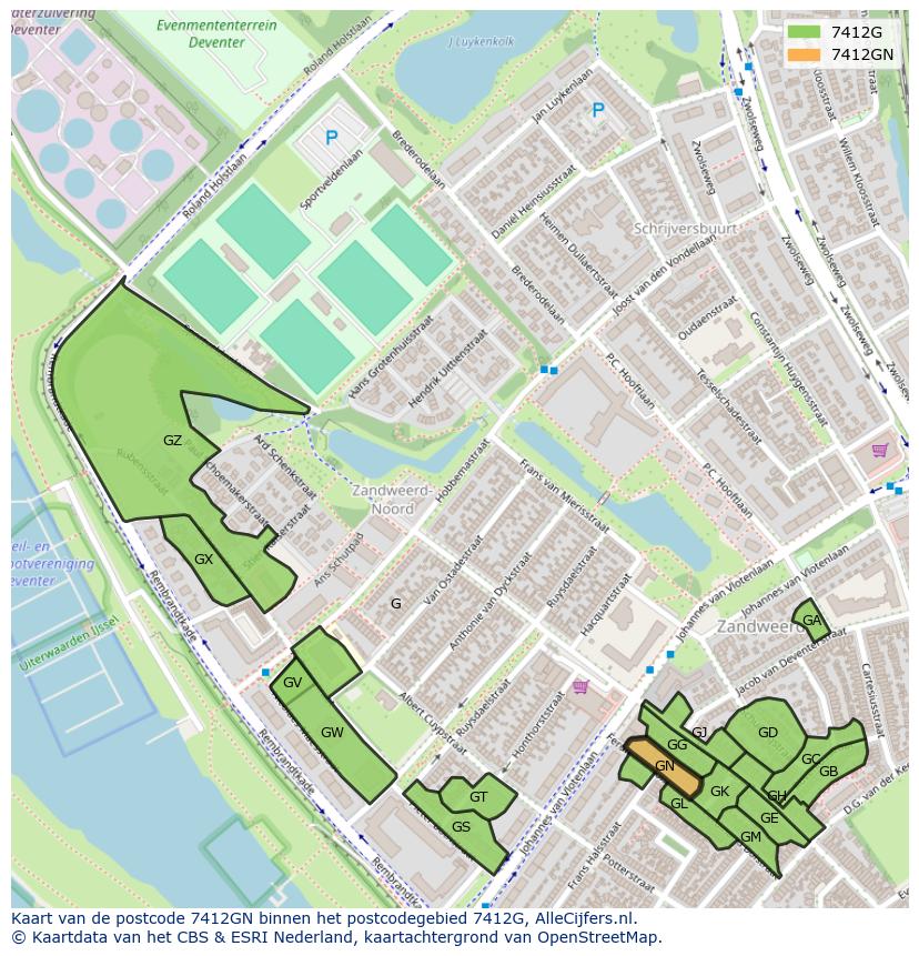 Afbeelding van het postcodegebied 7412 GN op de kaart.