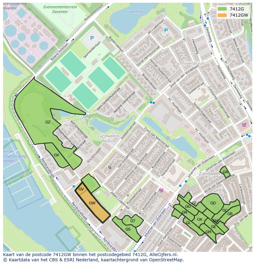 Afbeelding van het postcodegebied 7412 GW op de kaart.