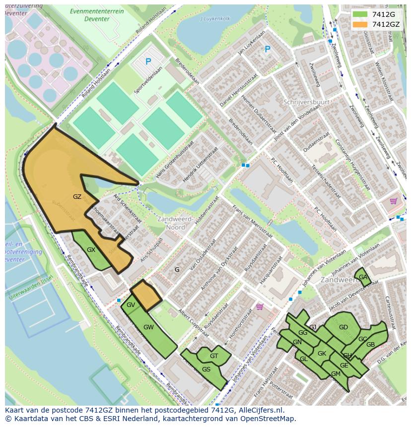 Afbeelding van het postcodegebied 7412 GZ op de kaart.
